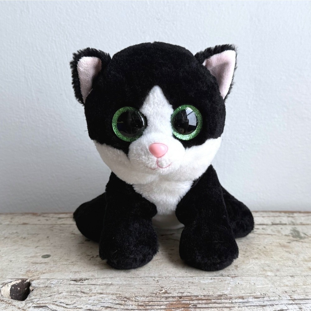 Ty Beanie Boos Ava Black White Cat Plush Large Green Glitter Eyes 10"